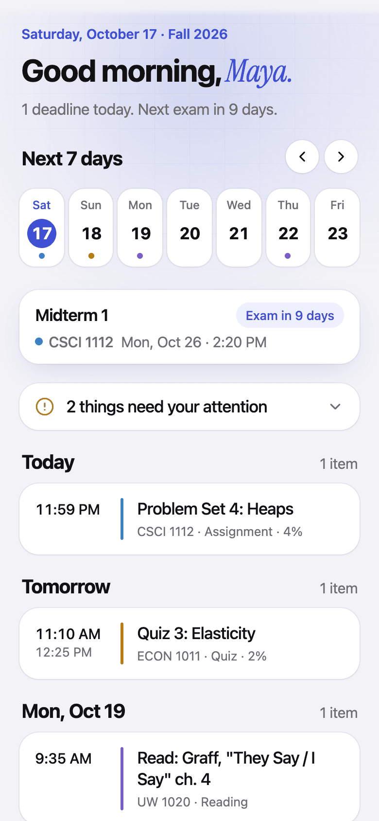 The Today screen on iPhone: a summary, the next seven days, the next exam, and today's deadlines
